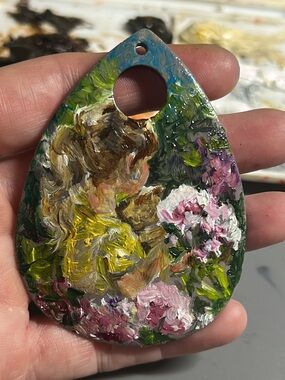 Artisan OAK Hand-Painted Pendant with child in meadow picking flowers.